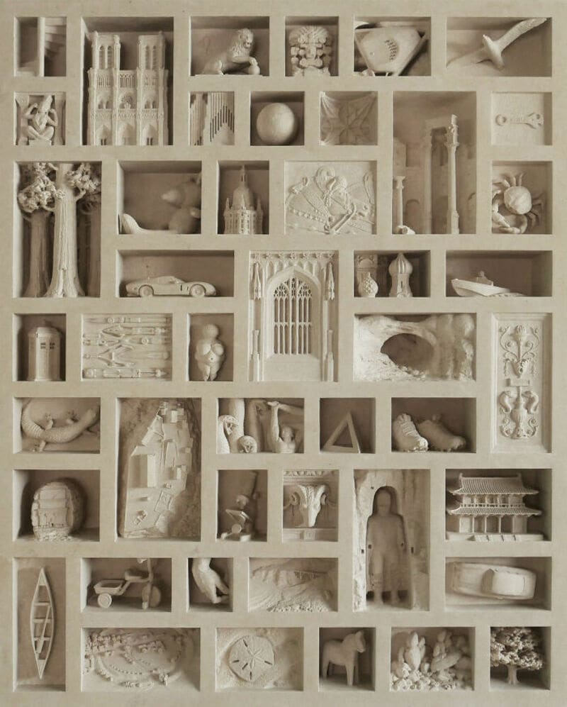 Collection of various carved marble sculptures and architectural elements.