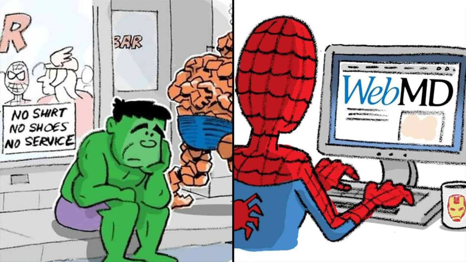 Spider-Man using a computer with WebMD on the screen, sitting at a desk.