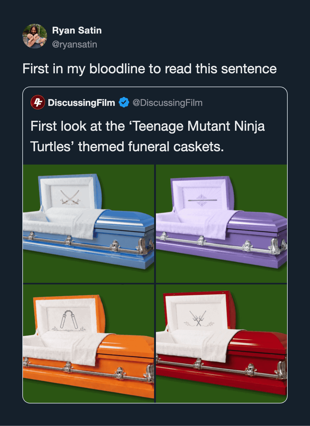 First look at the Teenage Mutant Ninja Turtles themed funeral caskets with four different colors and.