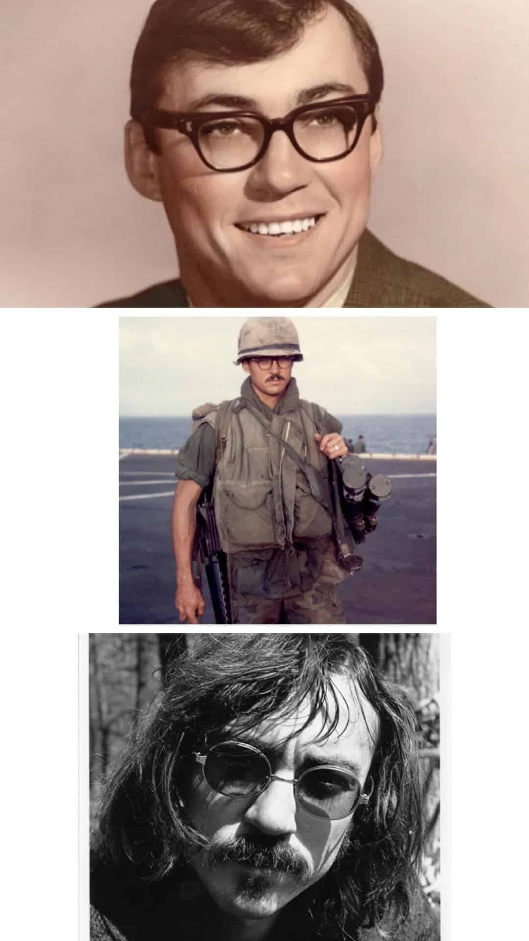Three men in different settings, one smiling, one in military gear, one with long hair and glasses.