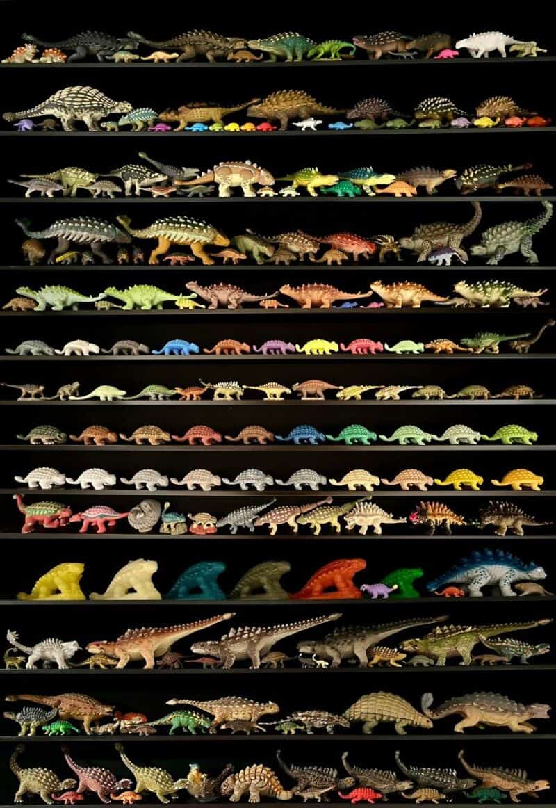 Collection of various colorful and patterned toy crocodiles and alligators on shelves.