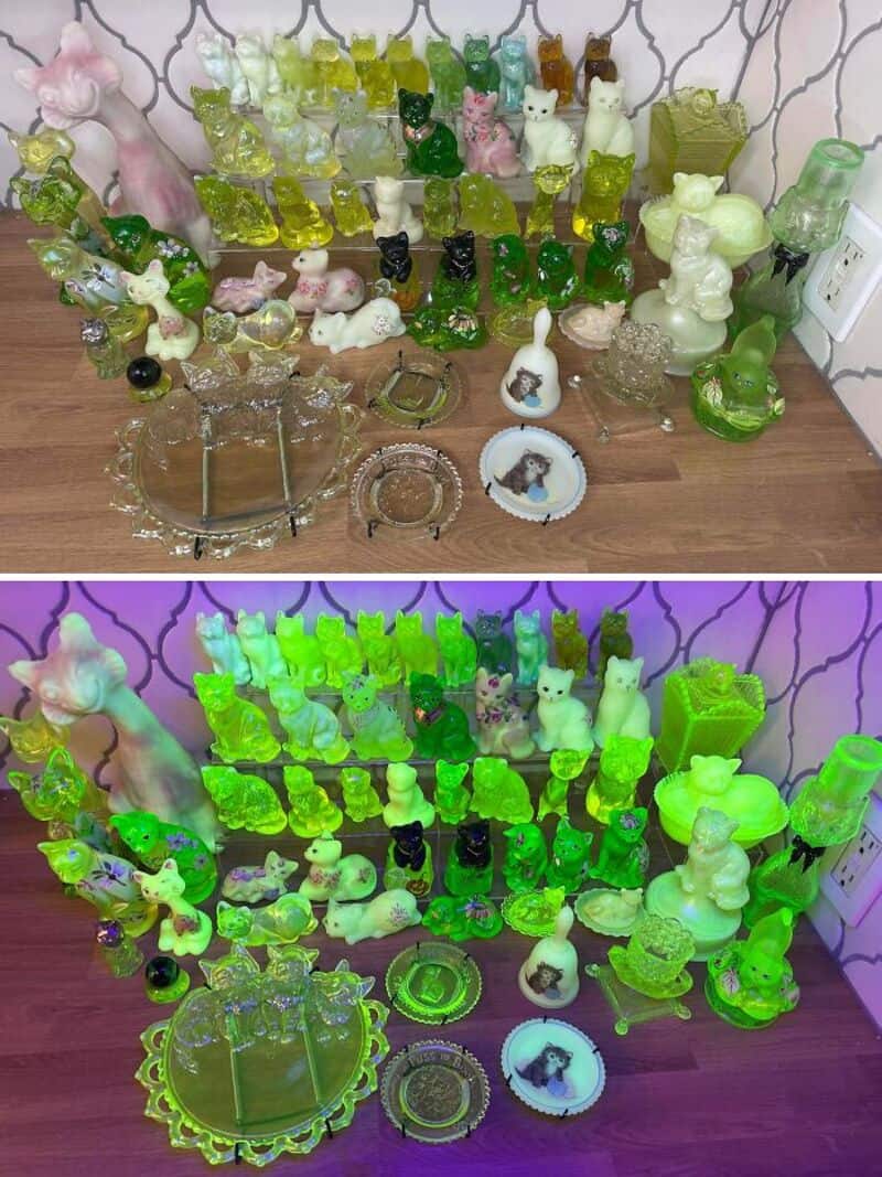 Collection of small animal figurines and glassware in green and pastel colors.
