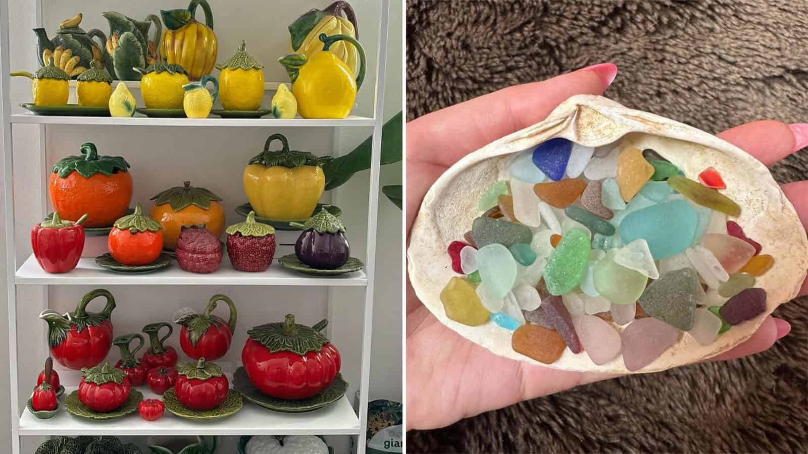 Collection of colorful ceramic and glass pumpkins and gourds on shelves.