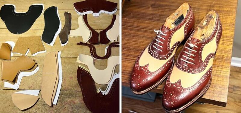 Shoe pattern pieces and finished two-tone brogue shoes with wingtip design.