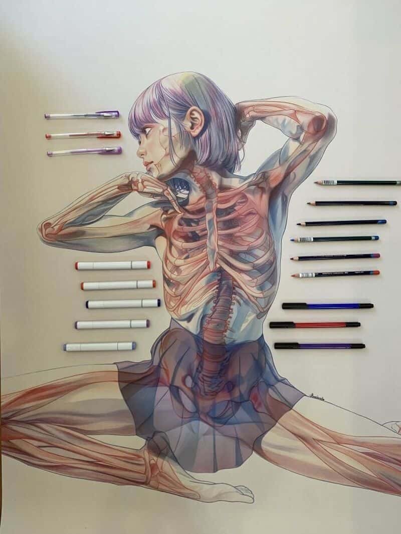 Artistic illustration of a girl with visible muscles and bones, surrounded by colored pencils.