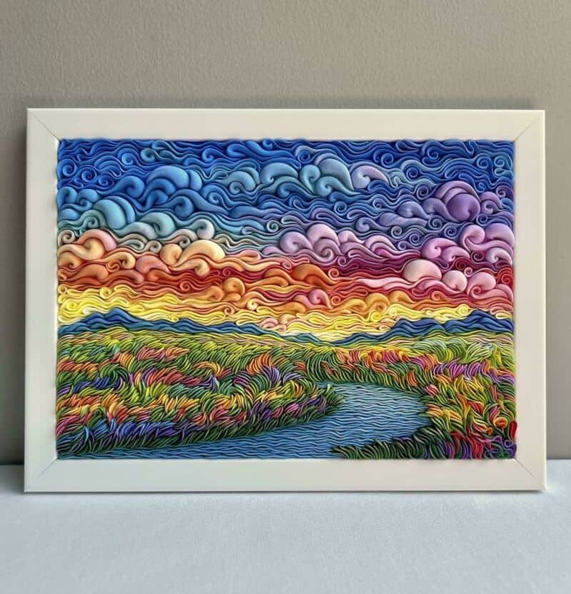 A colorful, textured landscape painting of a sunset over a winding river with vibrant grass and sky.