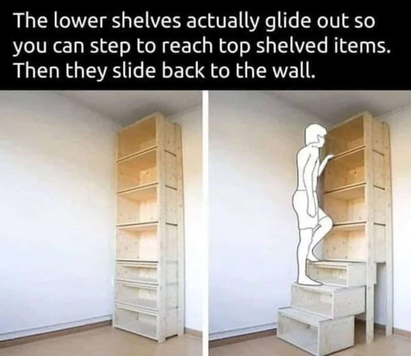 Image showing a wooden shelf with sliding lower shelves and a person climbing the stairs.