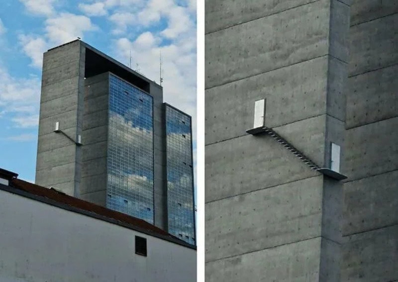Two images of a building with a staircase on the side, one showing the full building and the other a.