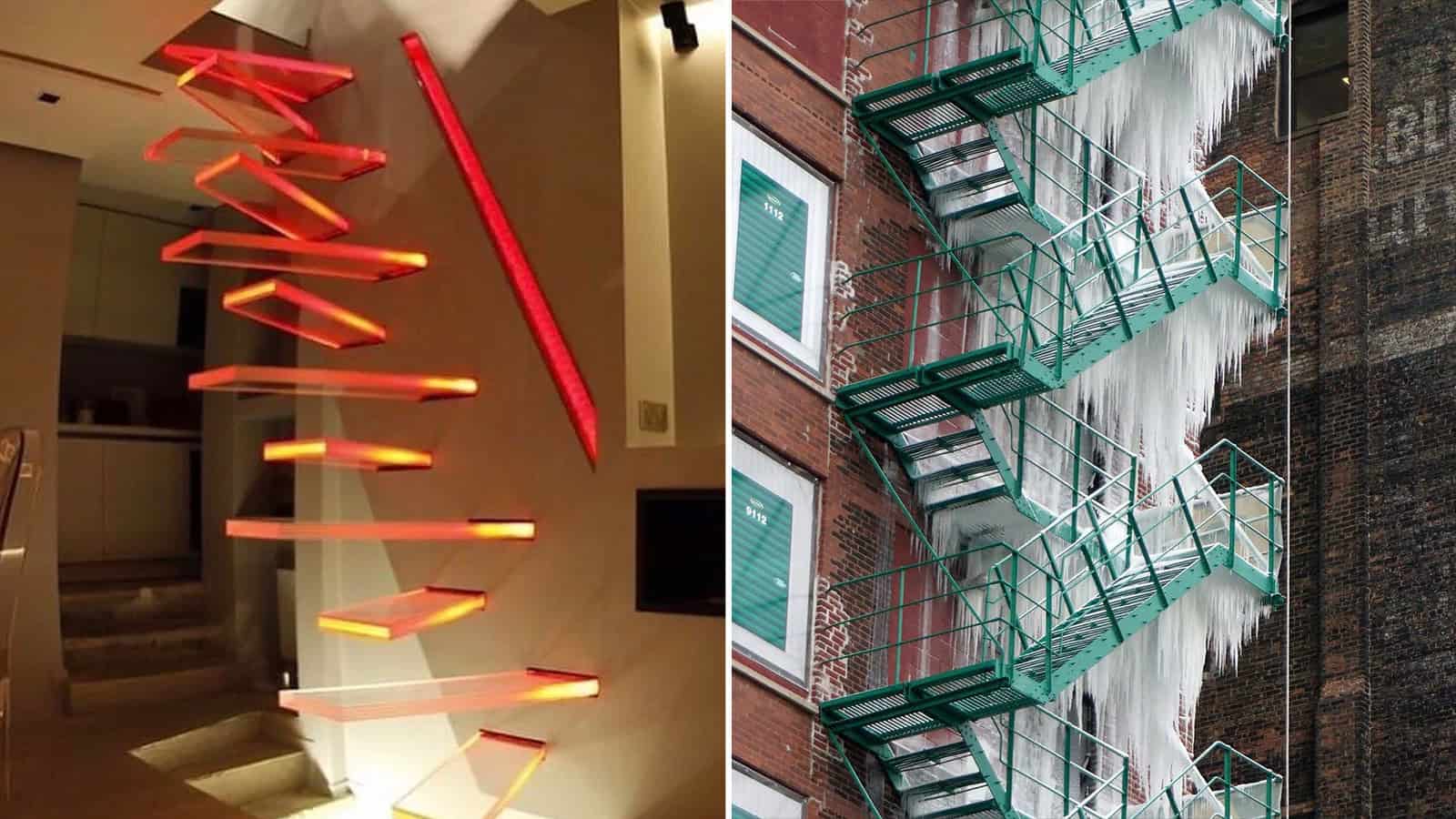 Creative staircase designs with zigzag and fire escape styles.