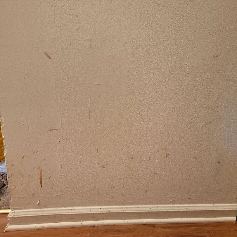 Dirty wall with stains and marks, baseboard at the bottom.