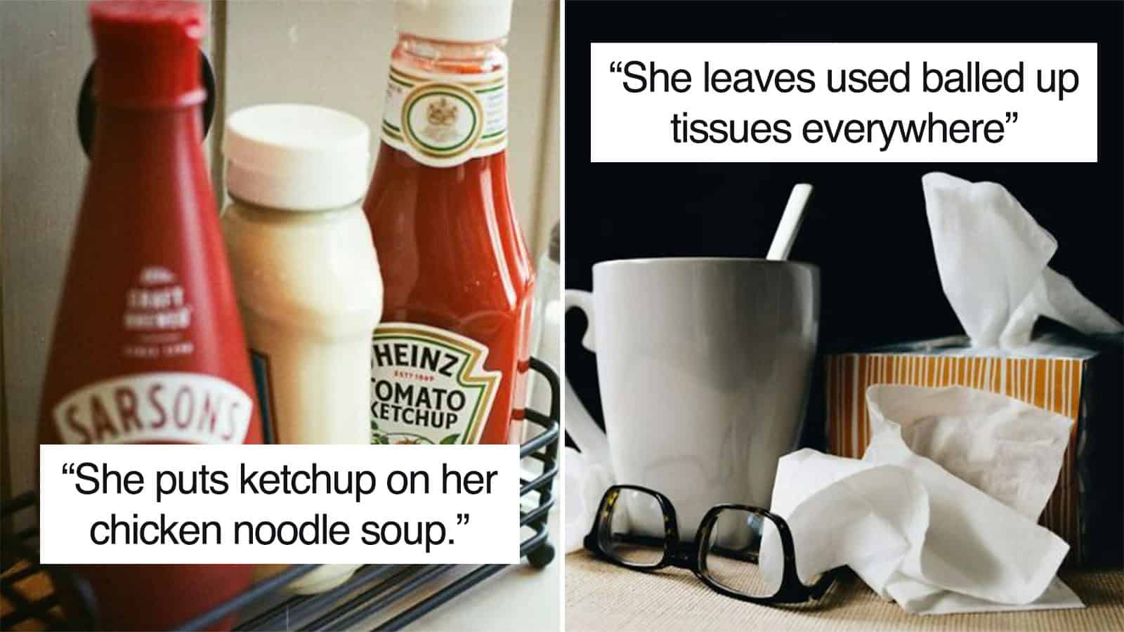 Condiments and tissues with humorous quotes about ketchup and tissues.