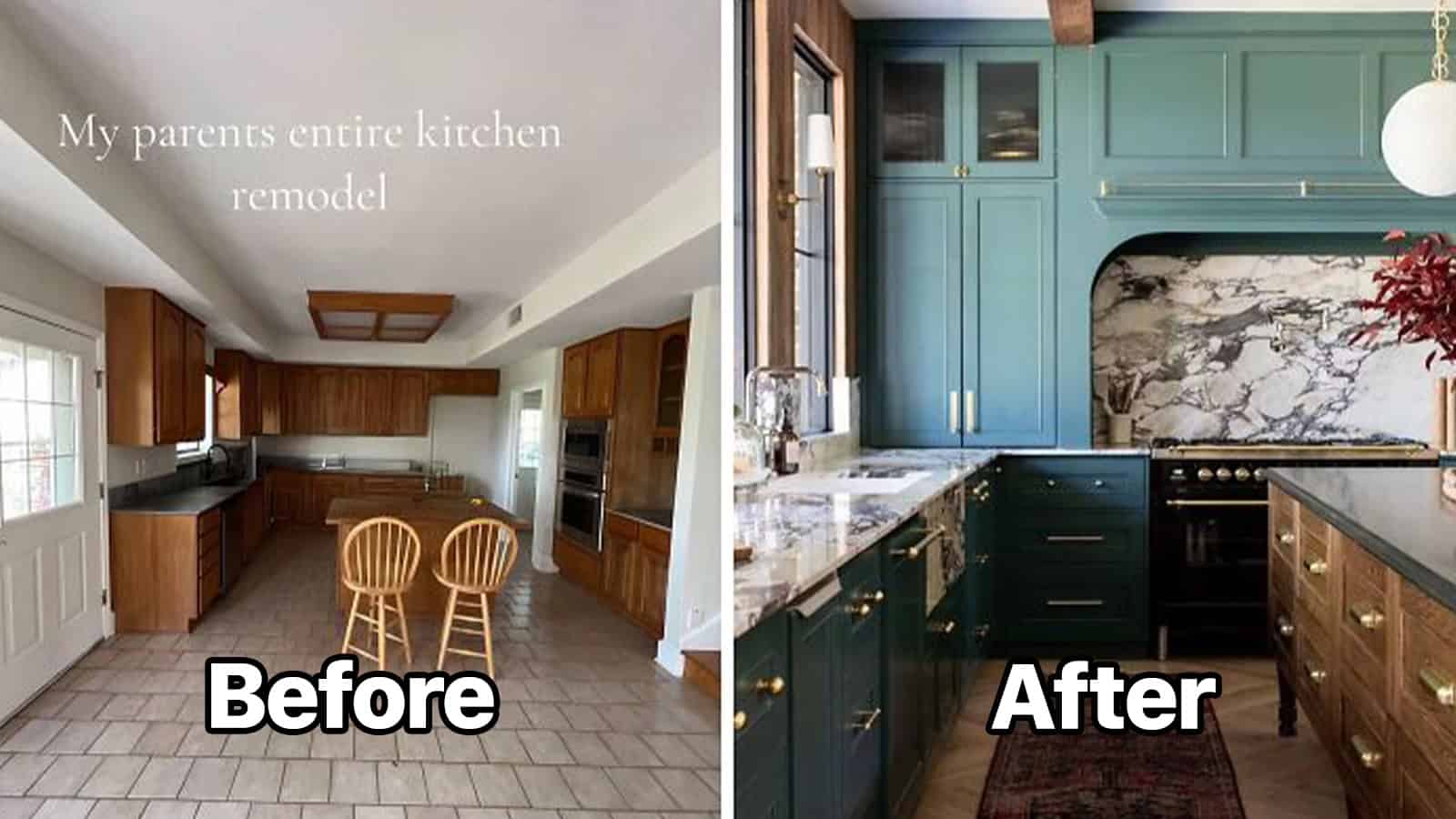 Kitchen renovation with before and after images, showing a remodeled kitchen.