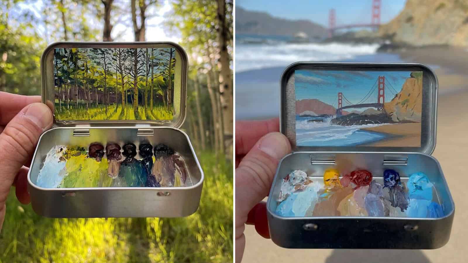 A colorful painted tin box with a landscape scene inside the lid.