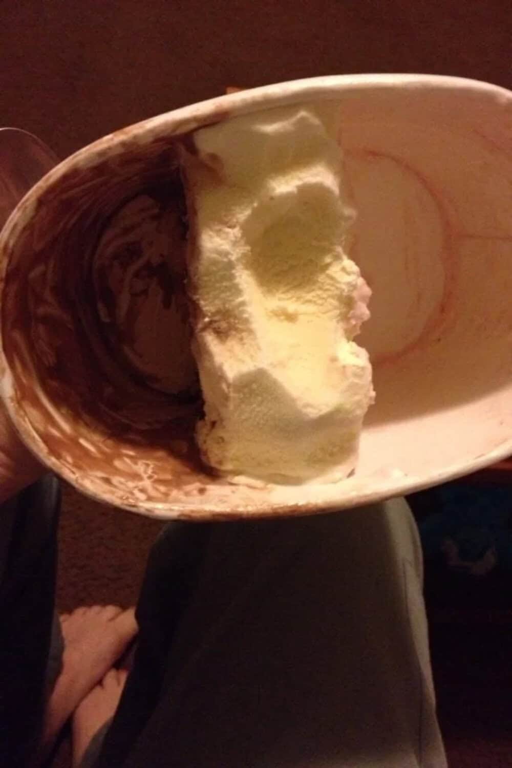 Creamy vanilla ice cream in a white bowl with a pink swirl pattern, partially melted.