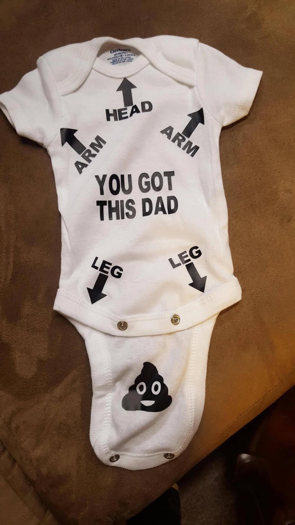 "Baby onesie with humorous text and arrows pointing to different parts of the body".