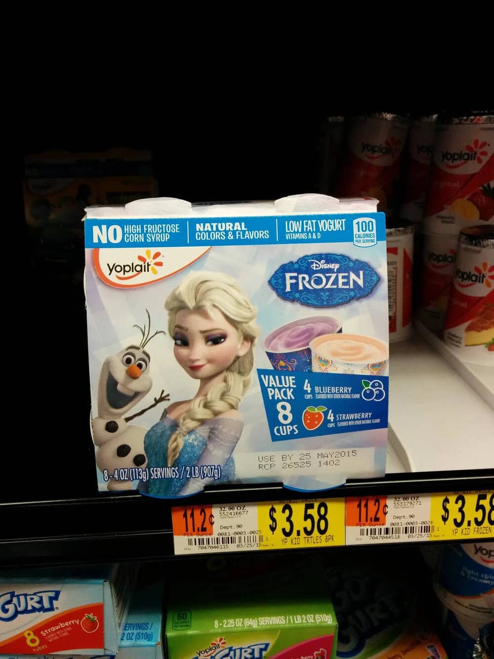 Yoplait Disney Frozen blueberry and strawberry flavored yogurt, 8 cups, value pack.