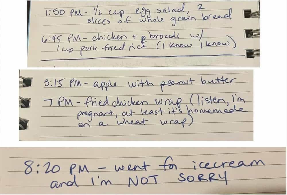 Daily meal log with times and food descriptions, including salad, chicken, apple, and ice cream.
