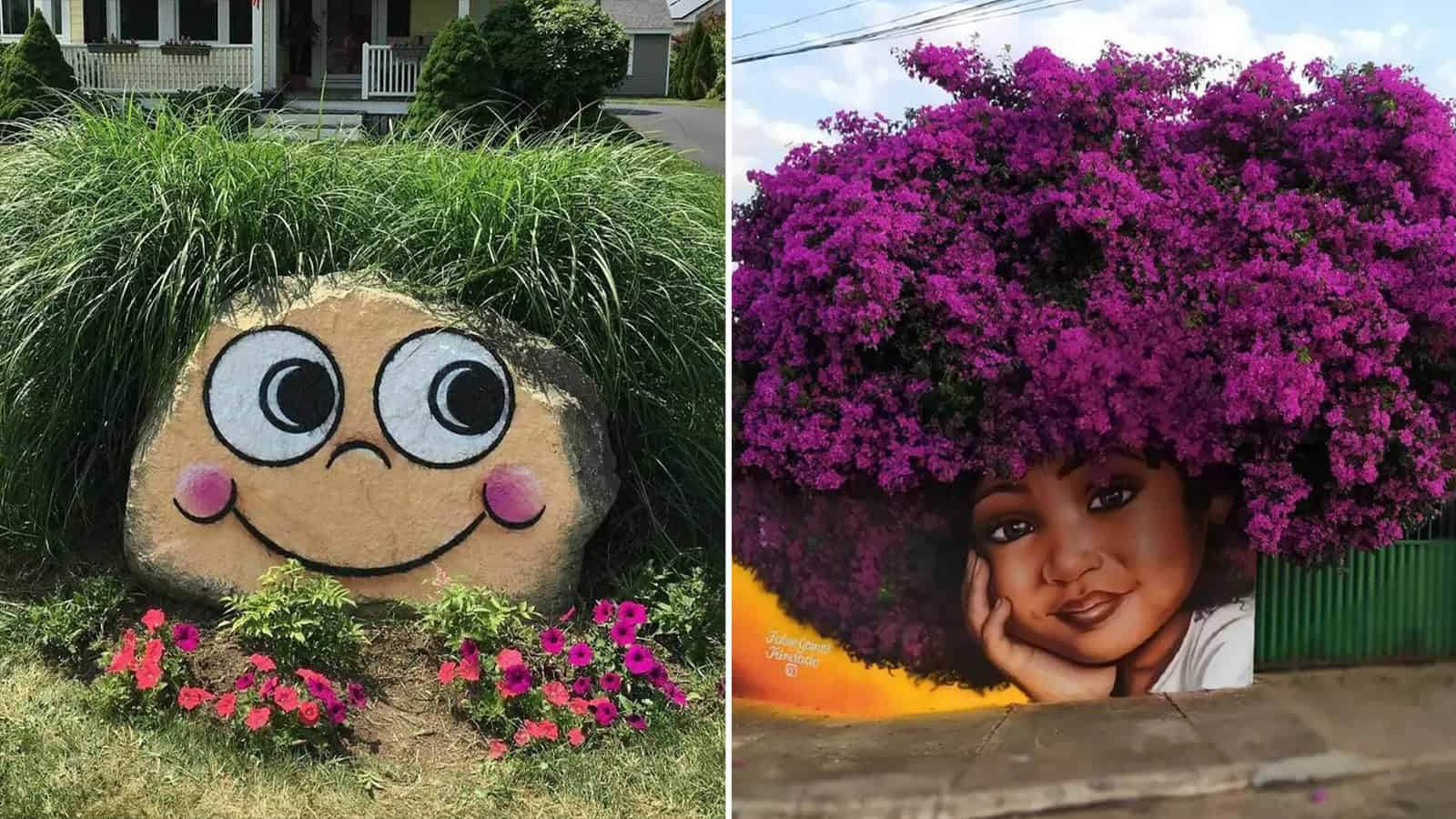 Bright smiling face painted on a rock with grass and flowers, and a woman with a large purple flower.