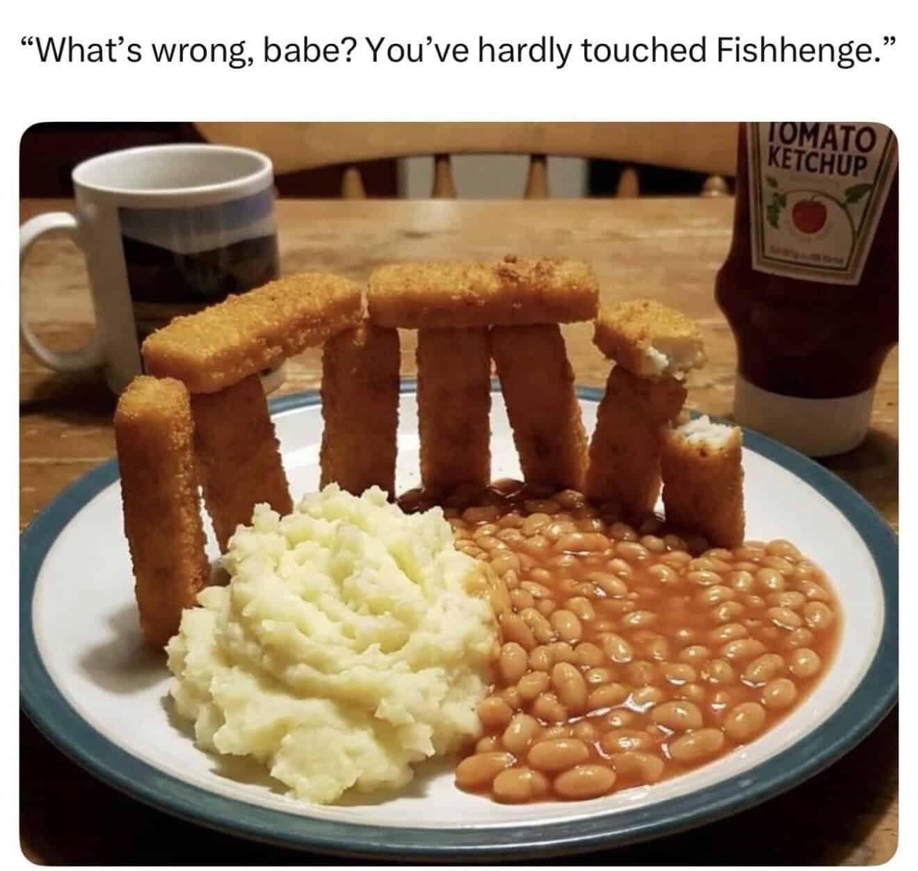 Humorous plate with fish fingers, mashed potatoes, baked beans, and ketchup, with caption about touc.