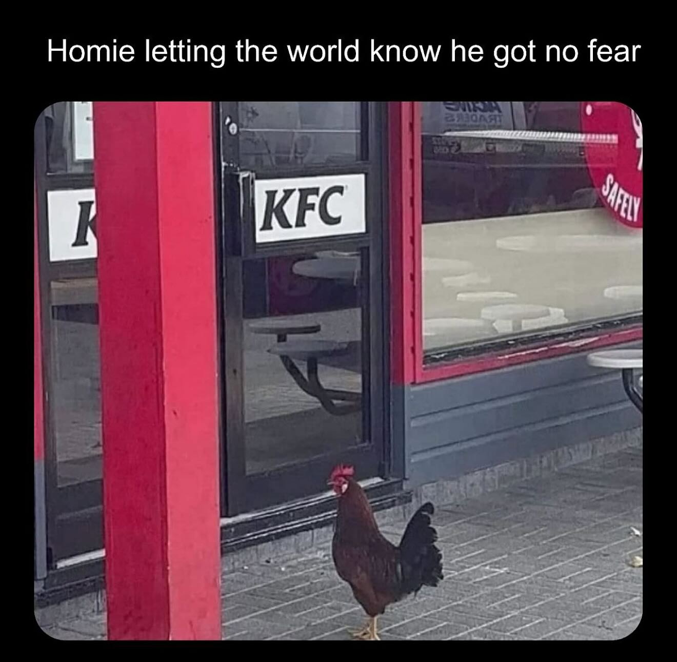 KFC chicken with a red comb standing outside the restaurant door.