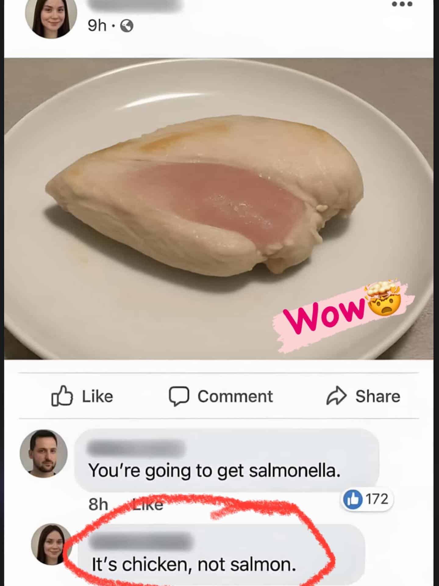 Raw chicken breast with pinkish interior on a white plate, with a "Wow" sticker.