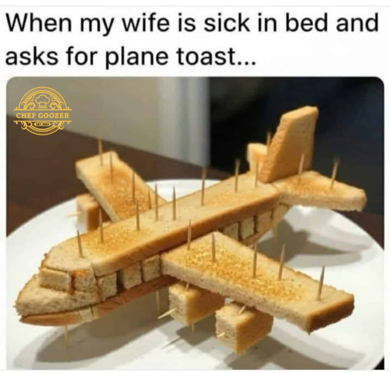 A woman’s humorous toast airplane made from bread slices with toothpicks, captioned about her wife a.