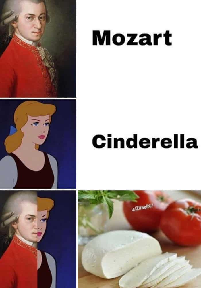 Mozart and Cinderella comparison with cheese and tomatoes, side-by-side images.