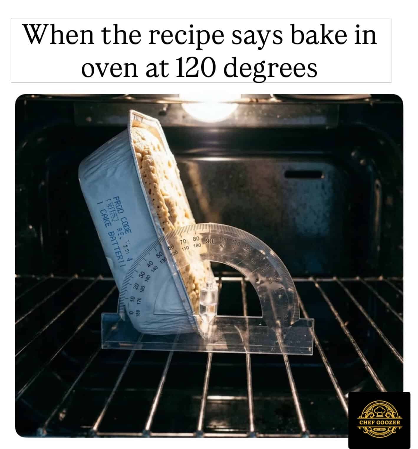 Baking frozen food at 120 degrees in the oven with a transparent protractor inside.