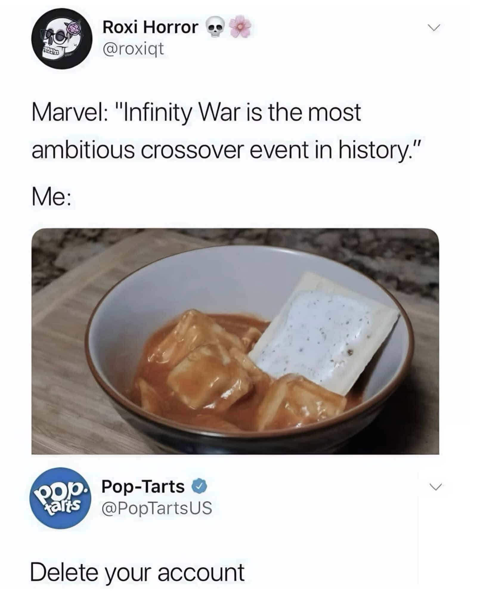 "Infinity War" meme with caramel candies and a white chocolate bar in a bowl.