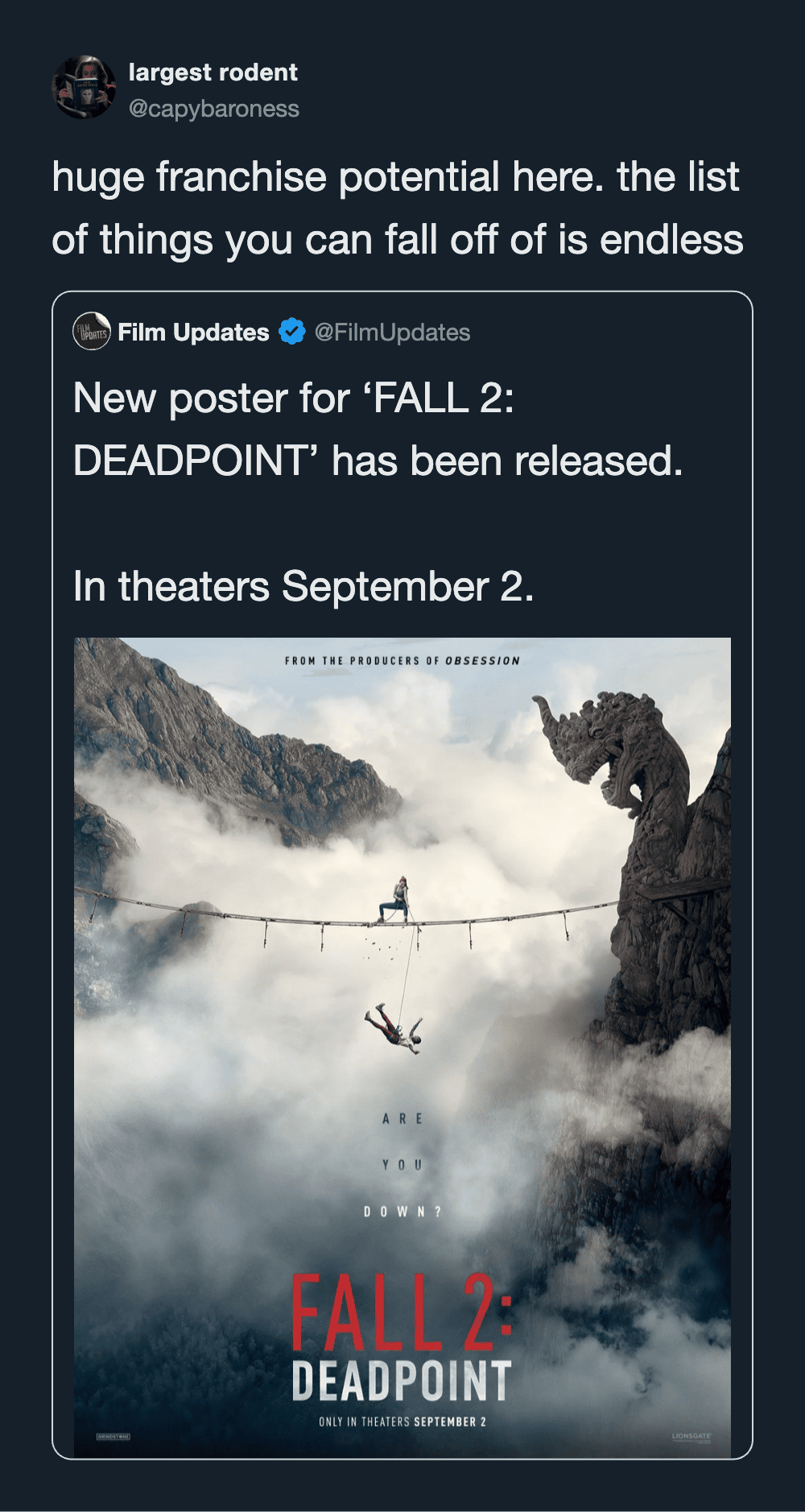FALL 2: DEADPOINT movie poster with a person on a tightrope over clouds and mountains.