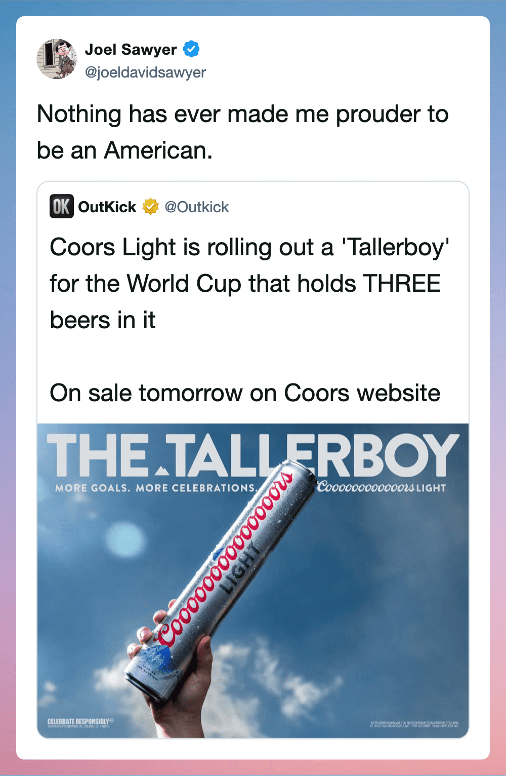 Coors Light "Tallerboy" beer can for World Cup, held by hand against blue sky.