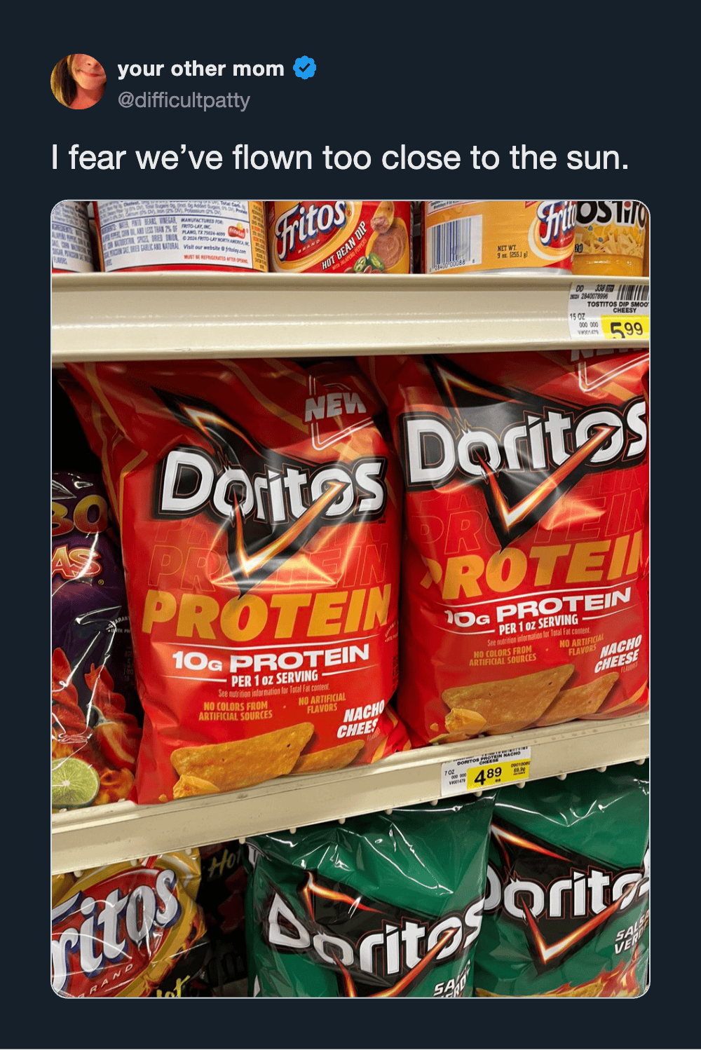 Doritos Protein Chips on store shelf, social media post by user "your other mom".