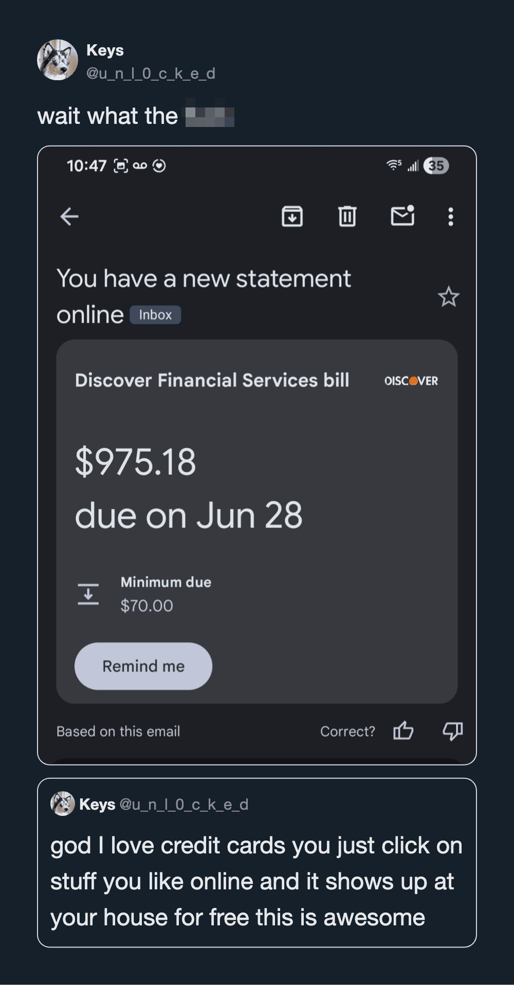 $975.18 financial bill due on June 28 with reminder button.