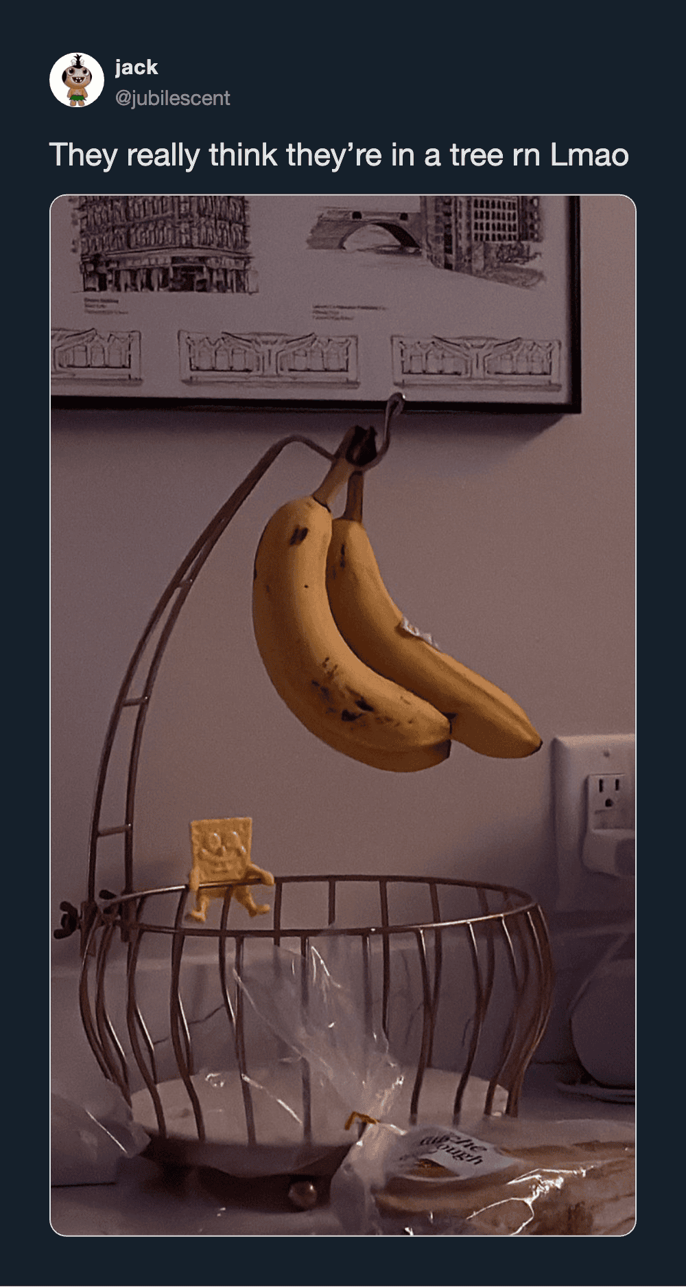 Banana hanging from a lamp, with a drawing of a tree above, creating a humorous illusion.
