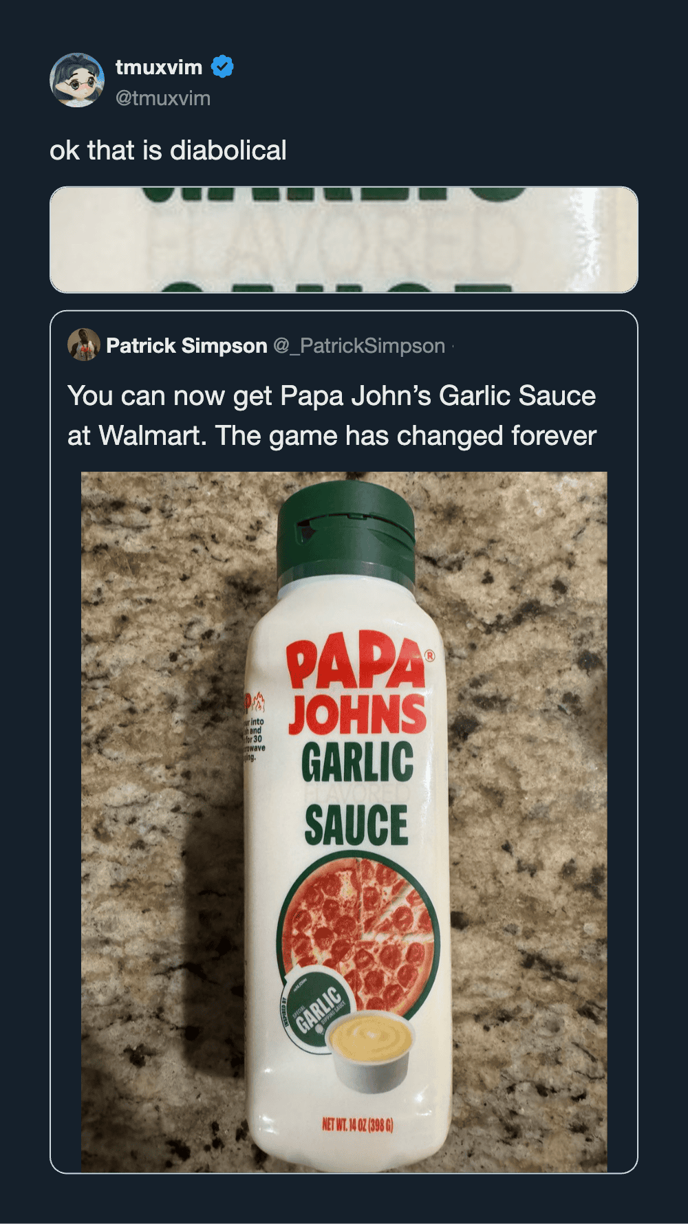 PAPA JOHN'S Garlic Sauce bottle with label and pizza image.