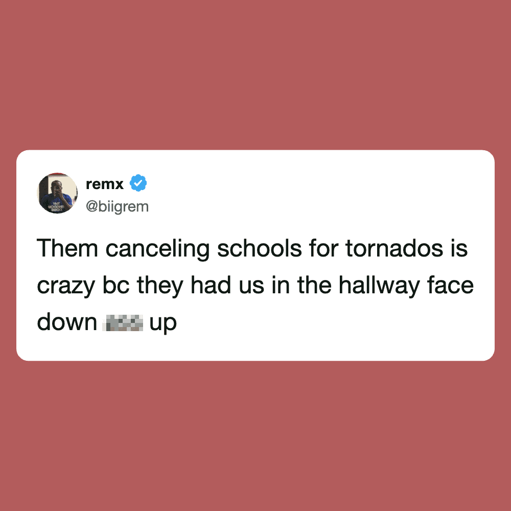 Remx's tweet about tornadoes and school cancellations, face down in hallway.