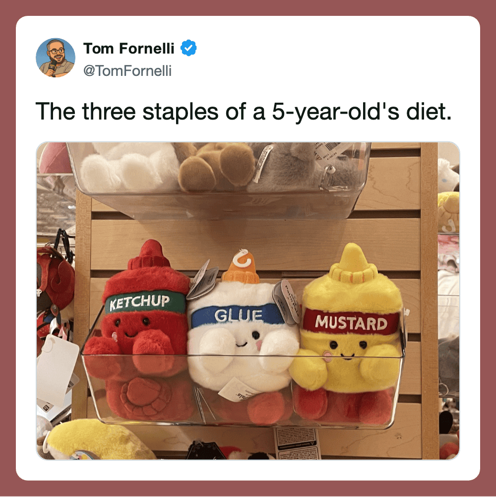 Three plush condiment bottles labeled Ketchup, Glue, and Mustard on a store shelf.