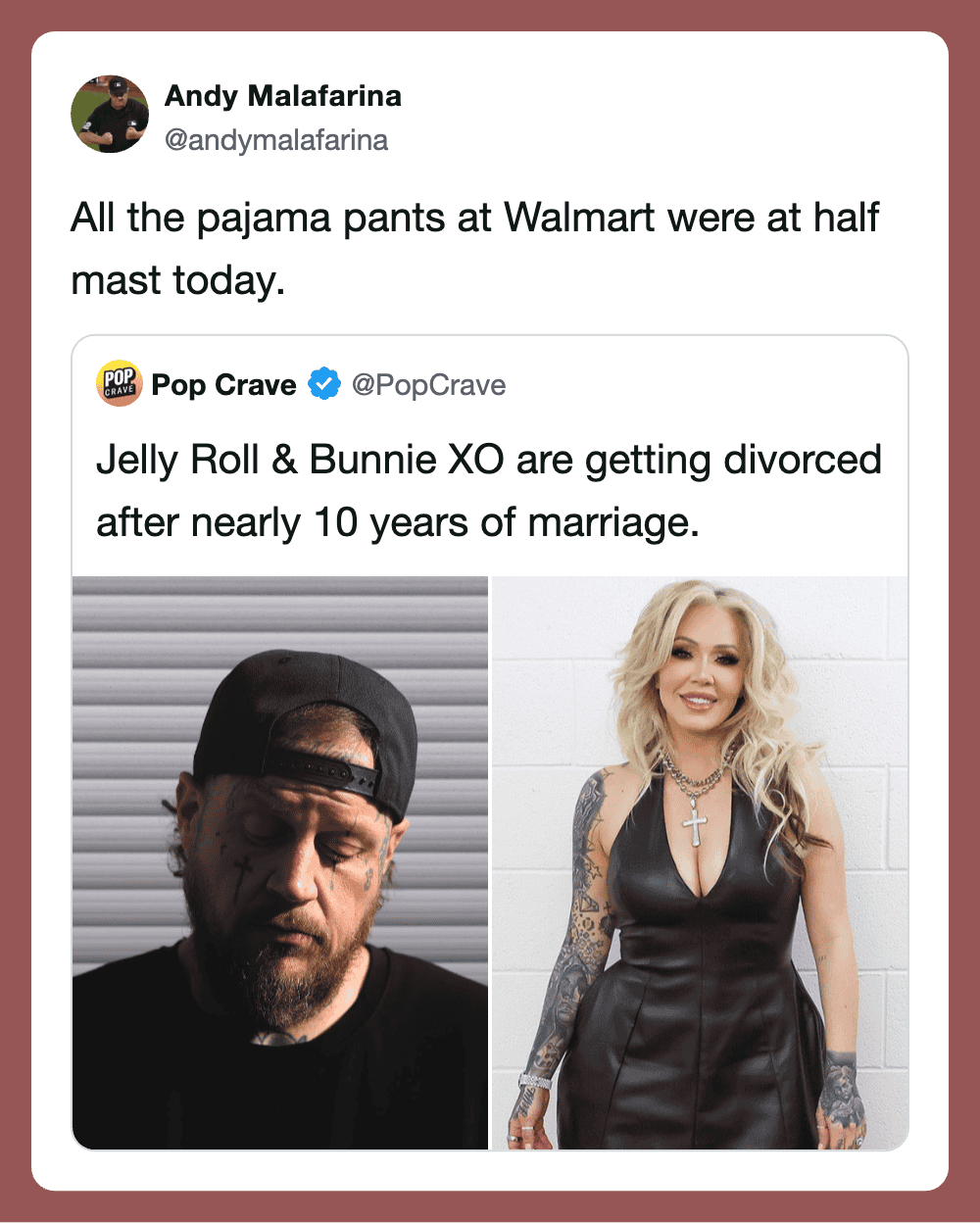Twitter post about Pajama pants, Jelly Roll & Bunnie XO divorce after 10 years.