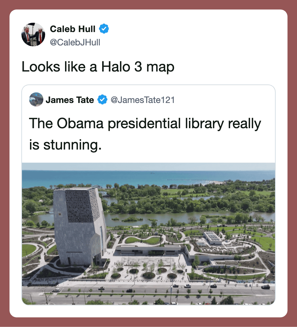Caleb Hull's tweet comparing a map to a Halo 3 map, with a photo of the Obama presidential library.
