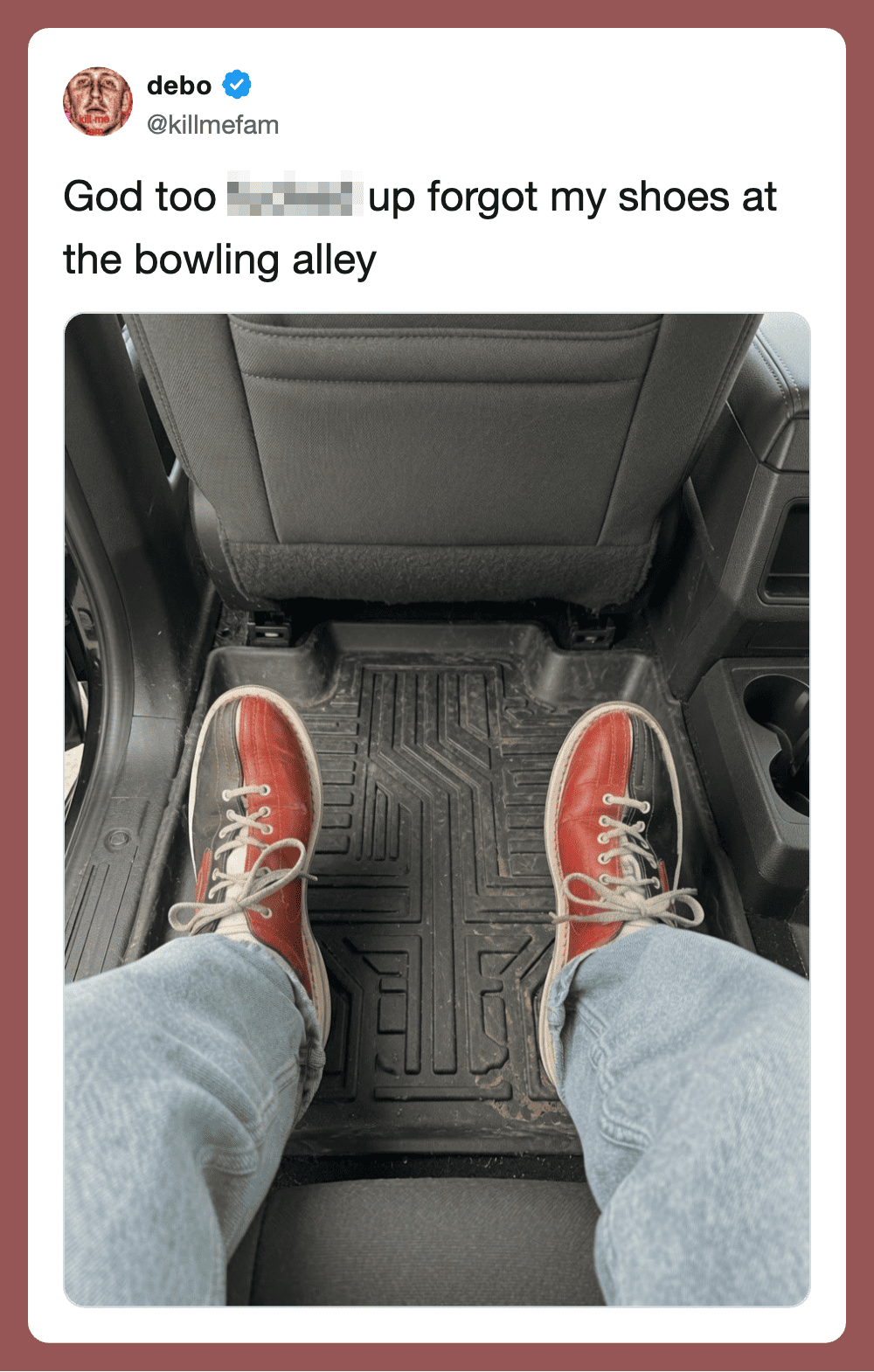 Photo of red shoes on a car floor with a caption about forgetting shoes at the bowling alley.