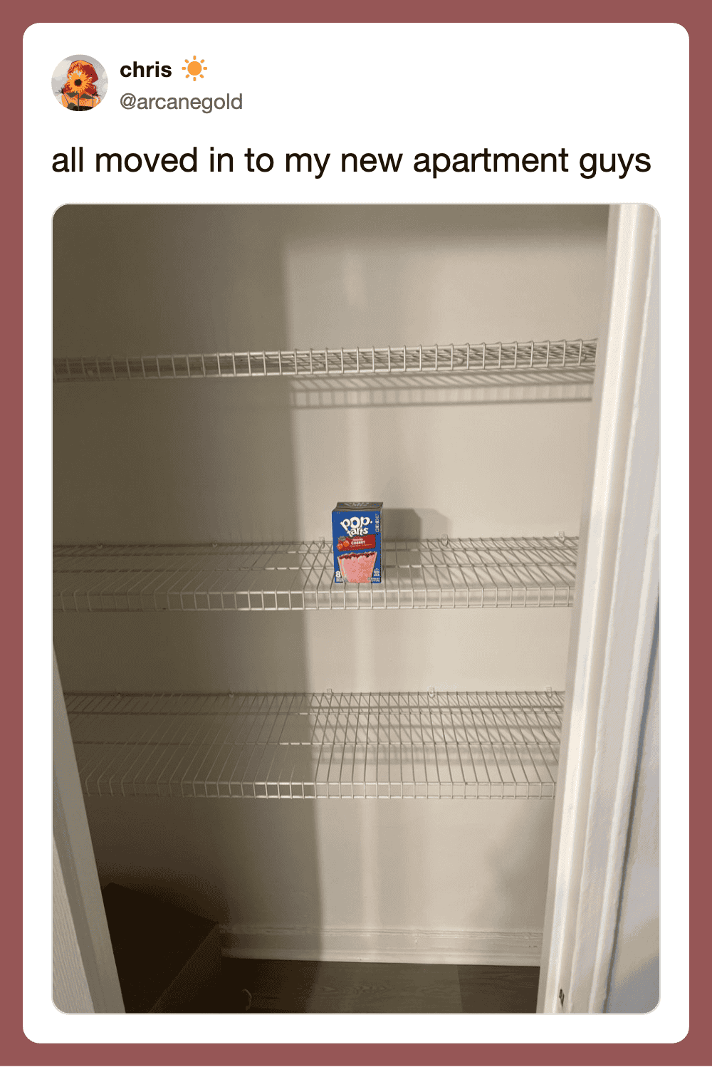 Empty closet with three wire shelves, one box on the bottom shelf.