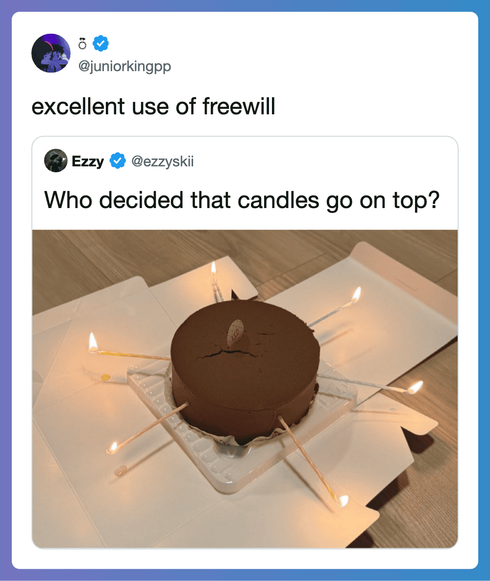 Cake with candles on top, lit and arranged creatively.