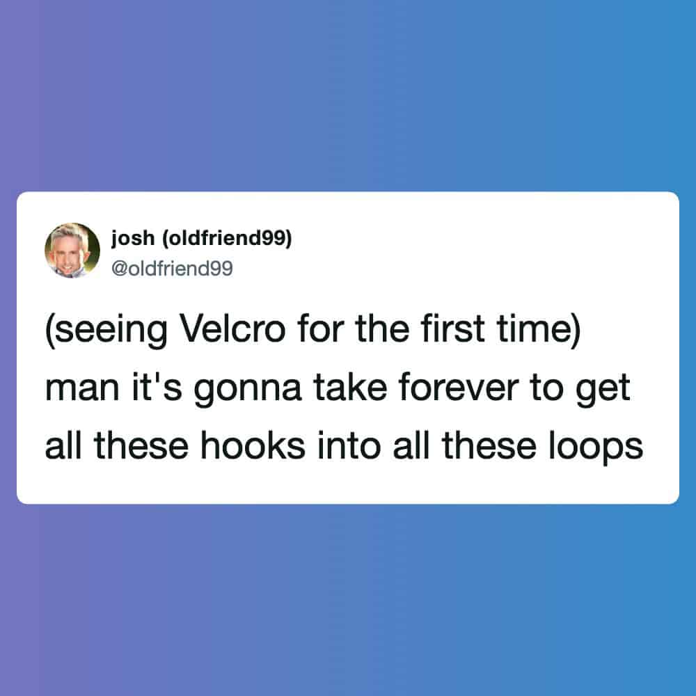 Man with a beard and glasses tweeting about Velcro and hooks on a blue background.