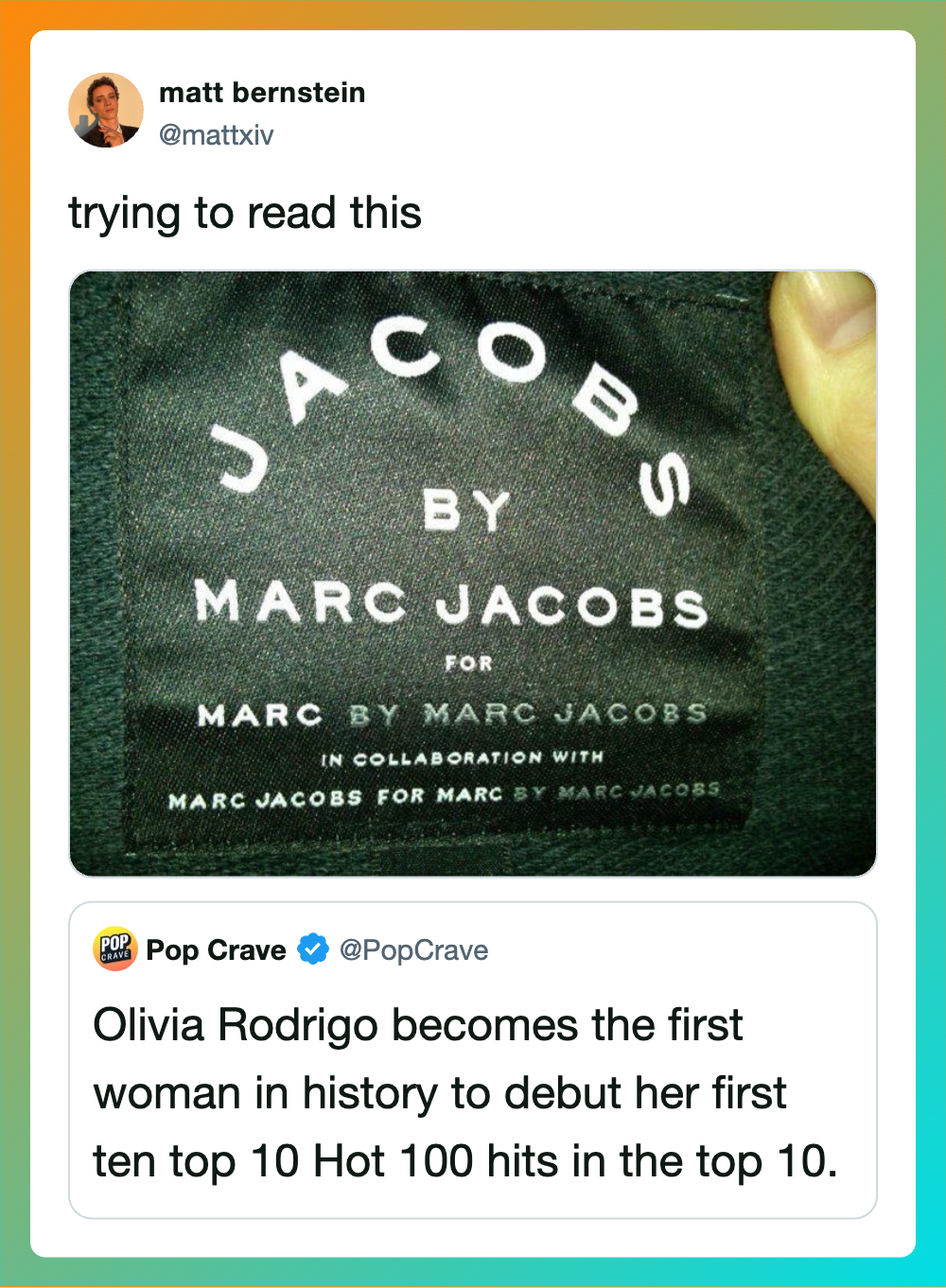 Image of a Marc Jacobs label with the text 'JACOBS BY MARC JACOBS' and 'MARC BY MARC JACOBS' in a T.