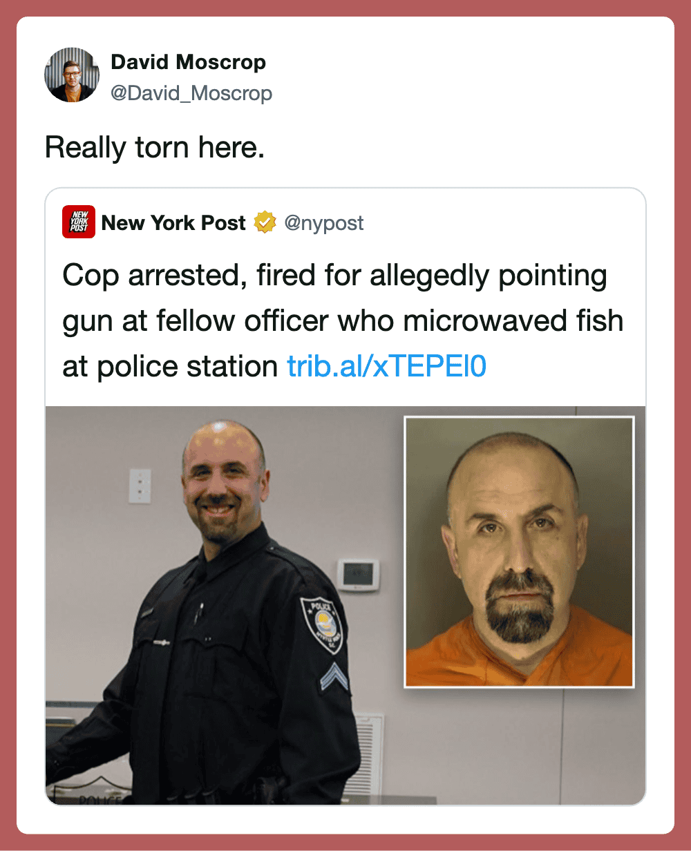 Police officer smiling, mugshot of man in orange shirt, police station background.