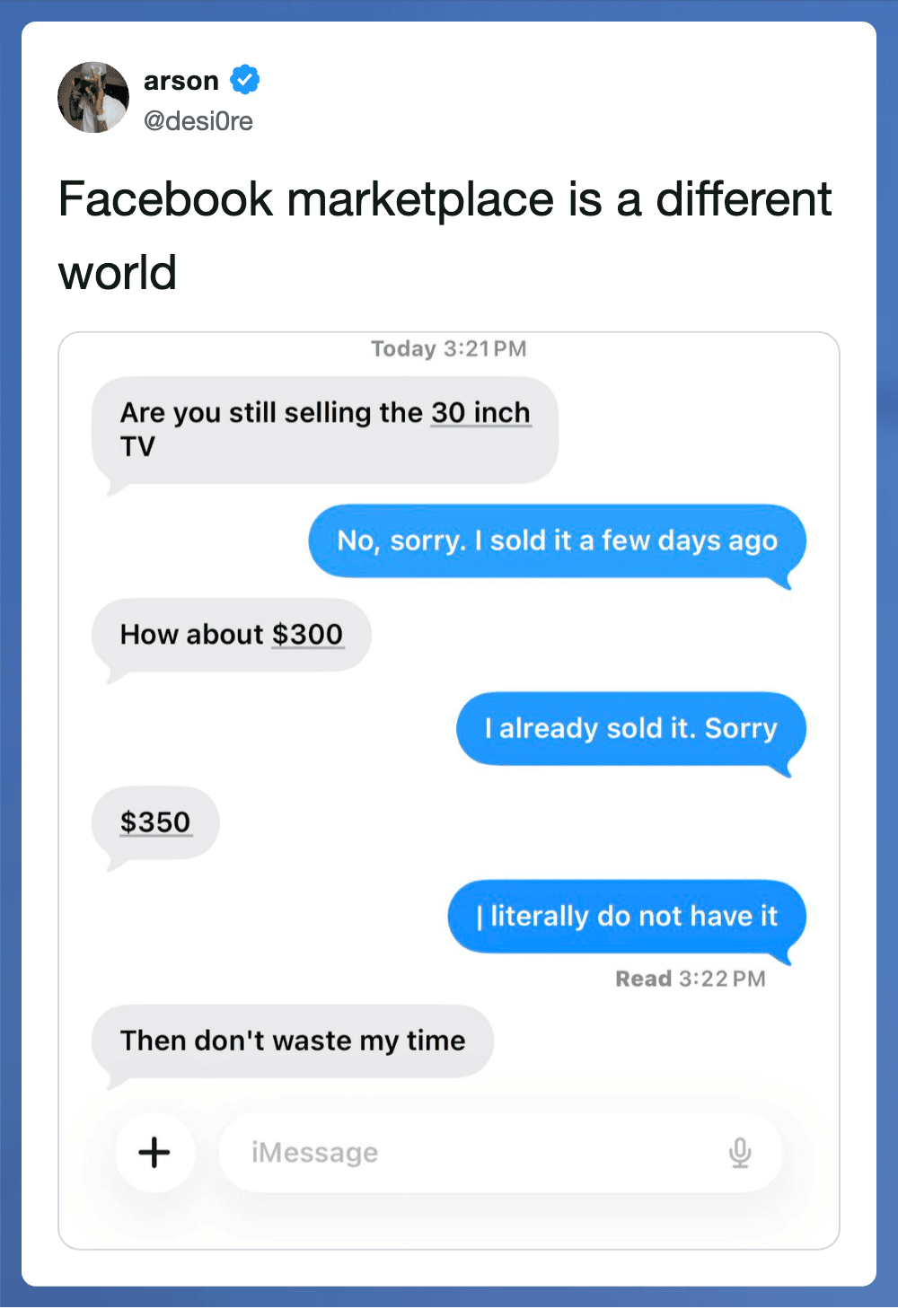 A woman’s chat conversation about selling a 30-inch TV on Facebook Marketplace.