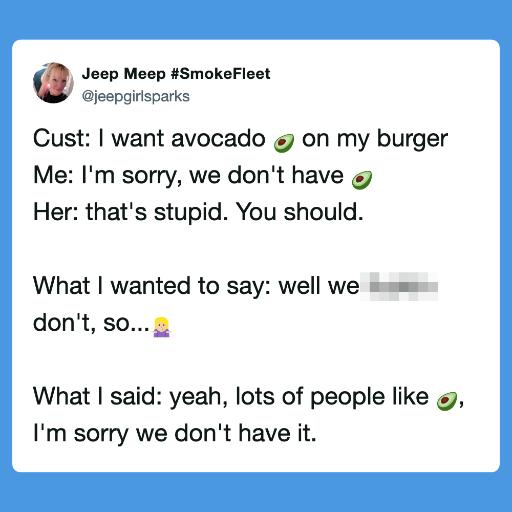 Avocado on burger joke conversation about food preferences and humor.