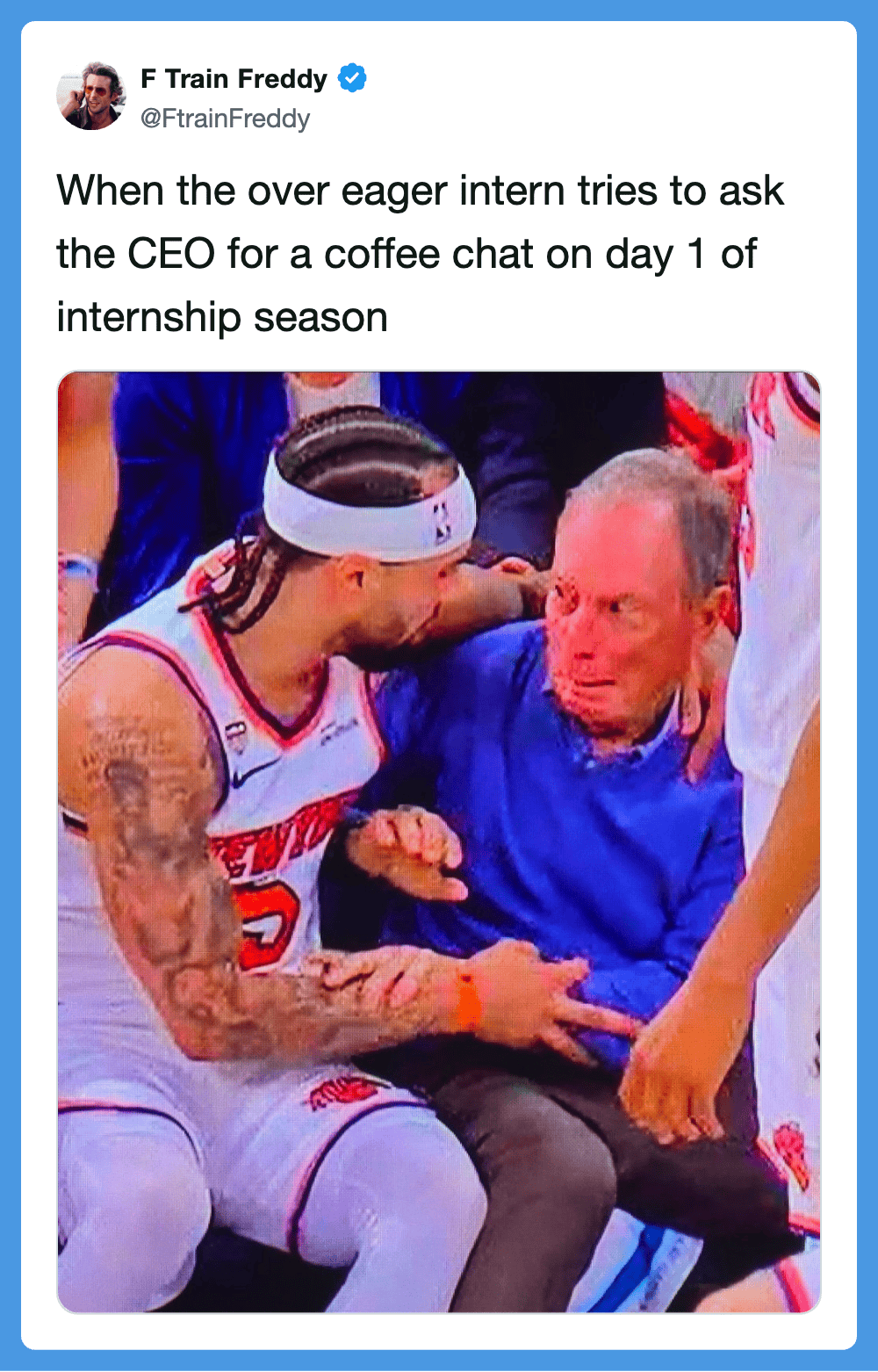 A young basketball player leaning in to ask the older man, who appears surprised, for a coffee chat.