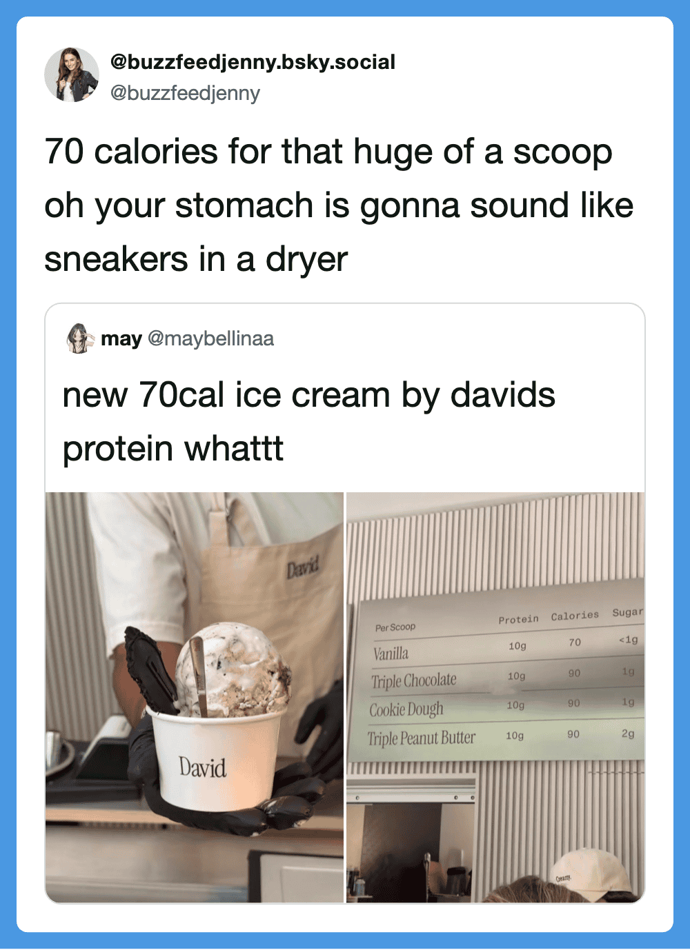 70 calories for that huge of a scoop oh your stomach is gonna sound like sneakers in a dryer.