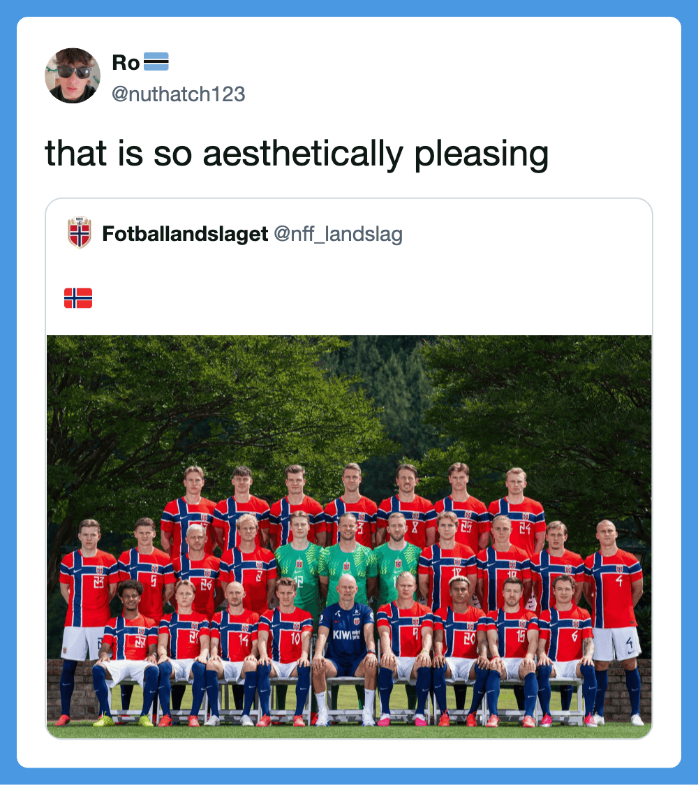 Norwegian football team in red and blue uniforms posing outdoors with coaches.